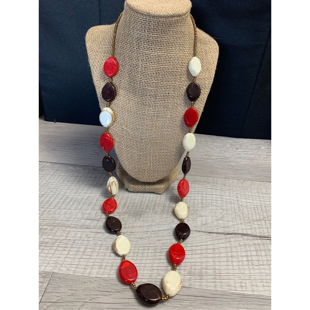 Red Brown Cream Oval Resin‎ Bead Long Statement Necklace Gold Tone 36 Inch